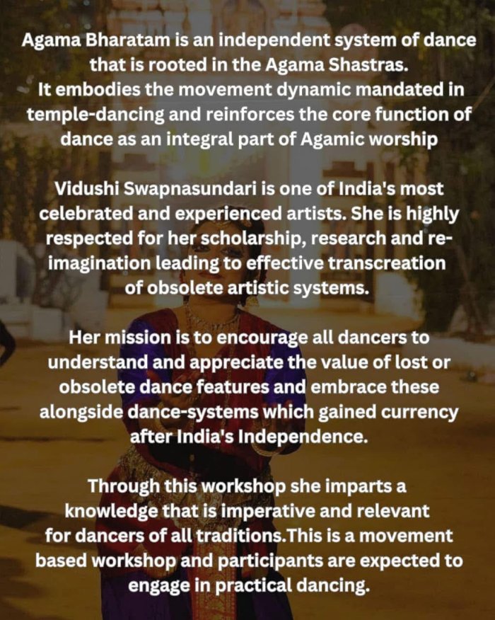 Ganesa Natyalaya presents Agama Bharatam workshop By Swapnasundari