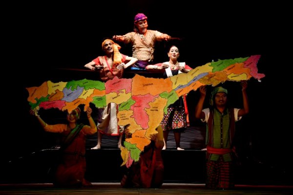 Map of Assam held by the Sutradhar and dancers